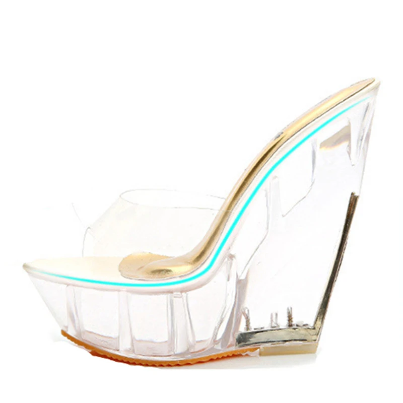 Женские прозрачные шлепанцы на платформе 15 см туфли лодочки высоком каблуке с