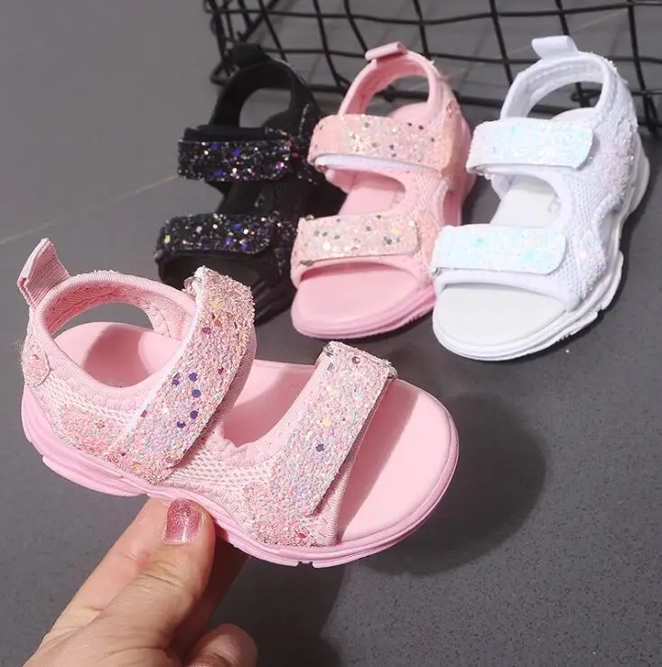 New Girls Princess Beach Shoes Kids Summer Sandals With Sequins Fashion Boys Mesh Sports Sandal Black Pink White EU 21-30 | Детская