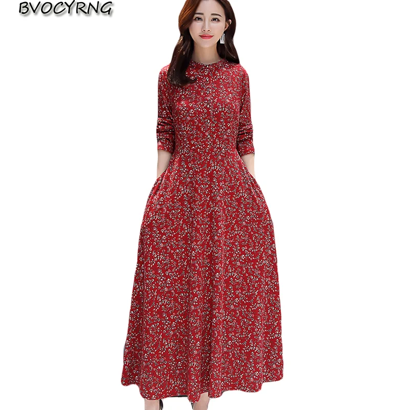 Мода плюс размер женские платья весна осень с длинным рукавом печати платье 2019
