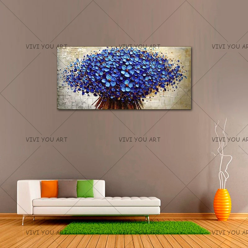 

100% Handmade Blooming Tree Landscape Oil Painting Heavy Thick Palette Knife Blue Flower Painting On Canvas Home Wall Decor