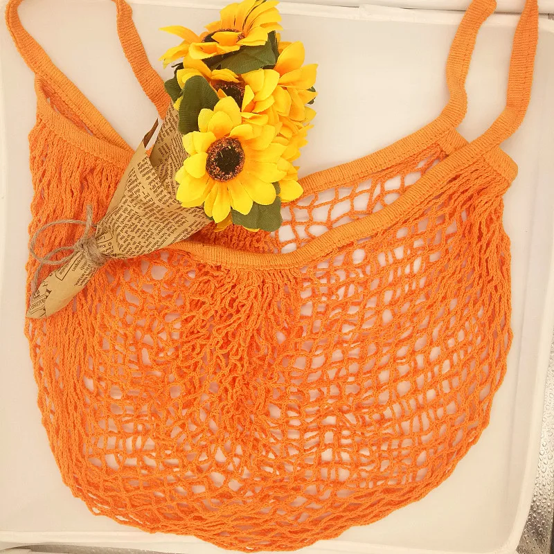 Orange Новая Сетчатая Сумка, сумка для покупок, многоразовая сумка для хранения фруктов, женская сумка для покупок, Сетчатая Сумка, сумка для покупок, тканая Хлопковая Сумка - Цвет: Orange