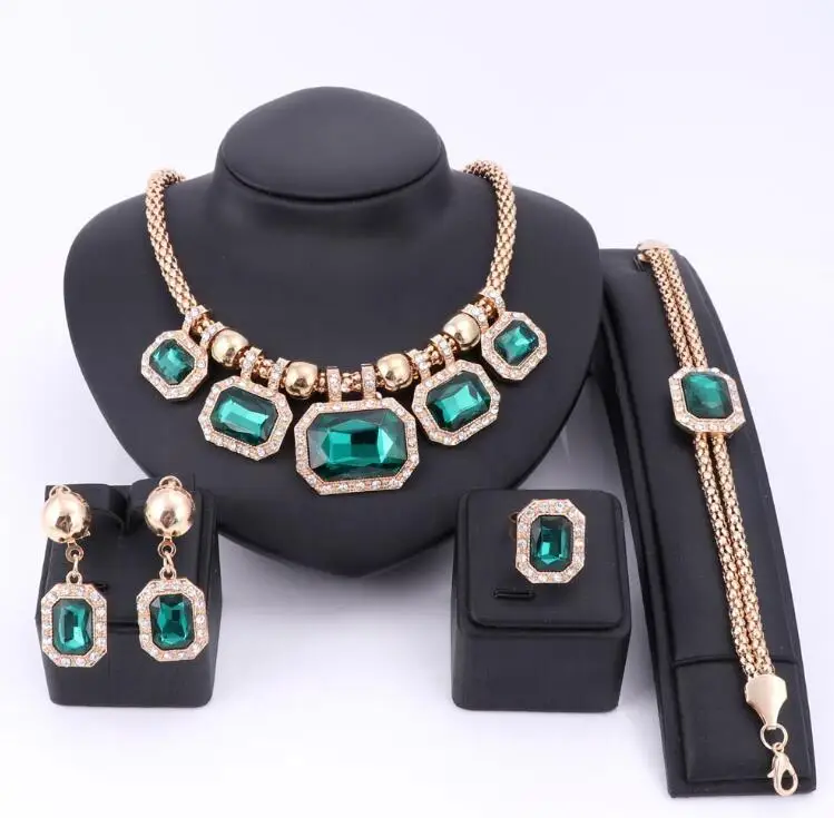 Jewelry Sets Модное ожерелье, браслет, серьги, кольцо, зеленый драгоценный камень, золотой цвет, Свадебные Ювелирные наборы для женщин, кристалл, африканские Аксессуары для платья - Окраска металла: Jewelry Sets