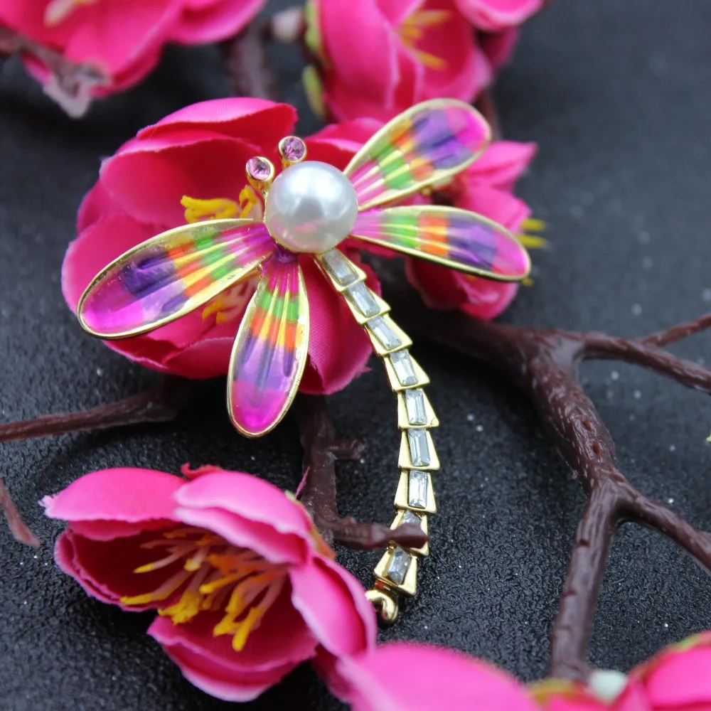 Женская брошь в форме стрекозы розовая эмалированная насекомого|Броши| |