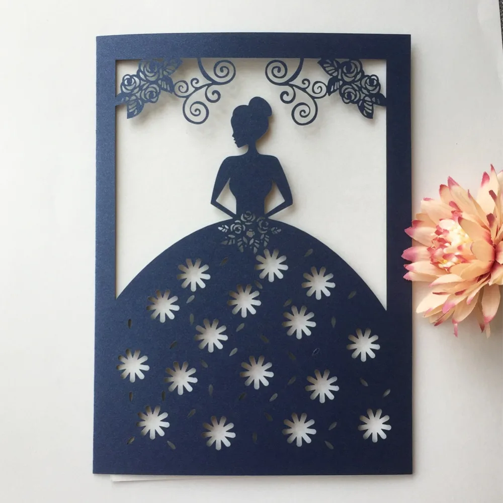 

50Pcs/Lot New Arrival Beautiful Girl Bridal Shower Invitations Card Laser Cut Wedding Invitations Birthday Greeting Card