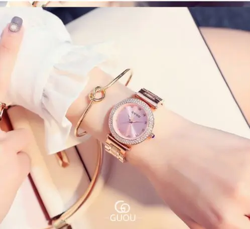 GUOU модные женские часы для женщин с блестящими бриллиантами Reloj Mujer роскошный браслет из розового золота женские часы - Цвет: Розовый