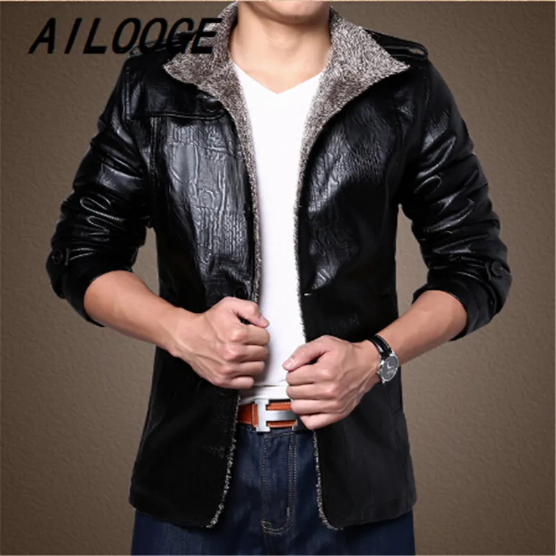 Мужская куртка из искусственной кожи AILOOGE черная Толстая в стиле панк зима 2017 |