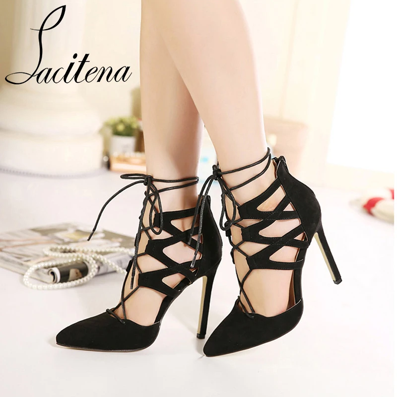 Пикантные флоковые с перекрестной шнуровкой сандалии на высоком каблуке туфли