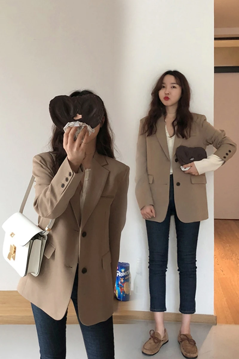 Women Blazer Single Breasted Regular Length Solid Notched Pockets Full Sleeve Korean England Style