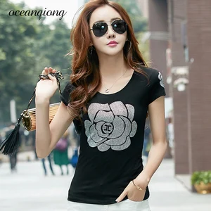Летняя женская футболка 2018, топ с круглым вырезом, Модная хлопковая черная футболка с коротким рукавом и цветочным принтом со стразами, женские топы, женская футболка