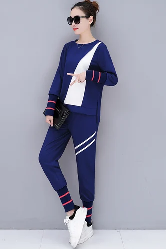 Sportswear Women 2018 New Spring Autumn Casual Full Sleeved O-neck Striped Coat Long Pants Suits 2 Piece Set Plus Size | Женская одежда
