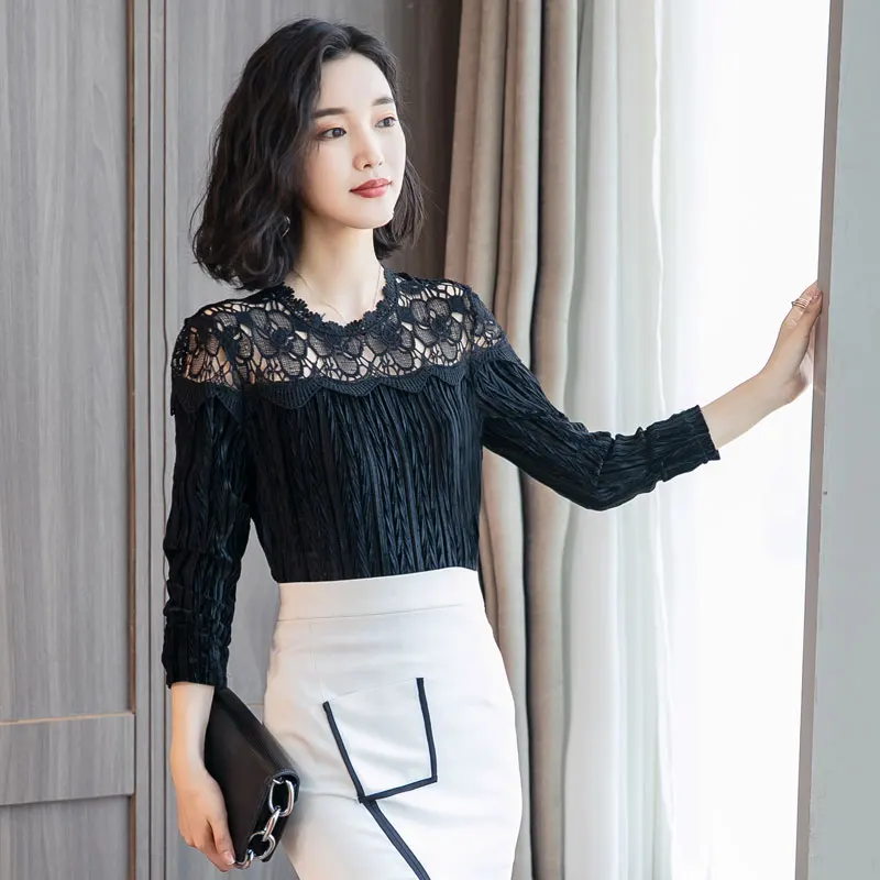 Бархат Шифоновая блузка Для женщин топы Осень Новый корейский кружева Панель Топ