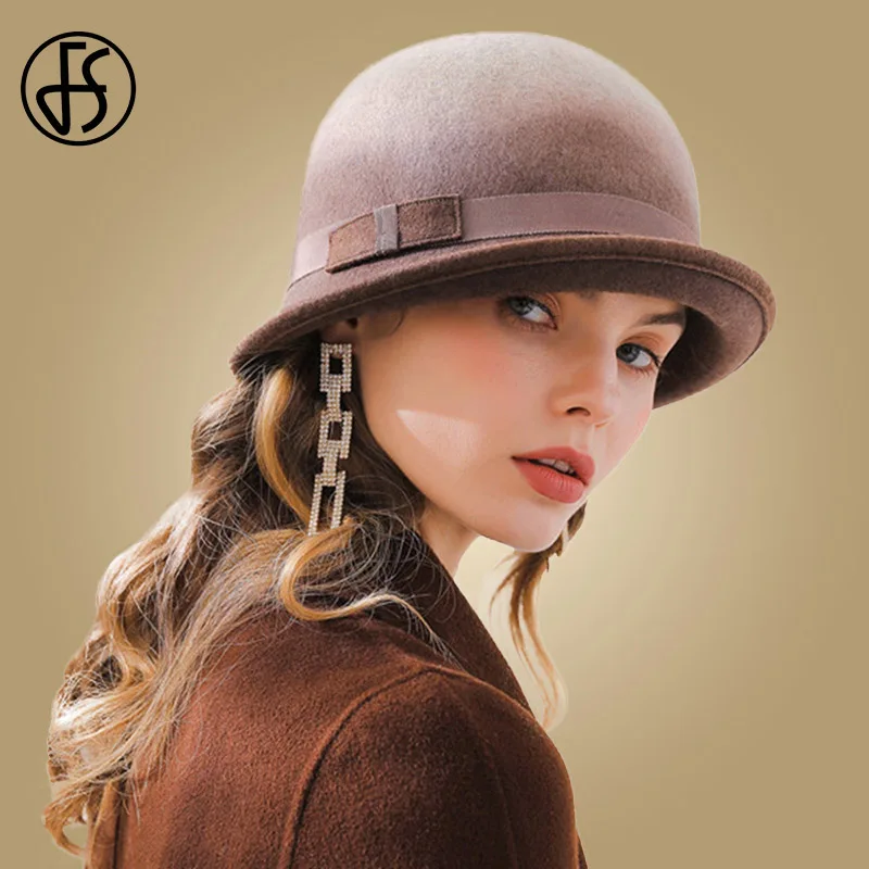 Brown Wool Hat FS синие коричневые шерстяные с широкими полями шерстяные войлочные шляпы-федоры элегантные шляпы для женщин градиентный цвет Дамские зимние котелки - Цвет: Brown Wool Hat