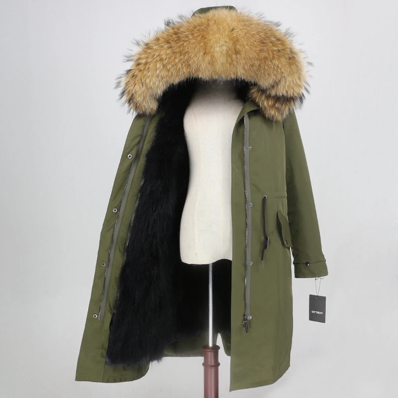 green black natural OFTBUY X-long Parka, водонепроницаемая верхняя одежда, зимняя куртка для женщин, натуральный мех енота, капюшон, подкладка из лисьего меха, Съемный натуральный мех - Цвет: green black natural