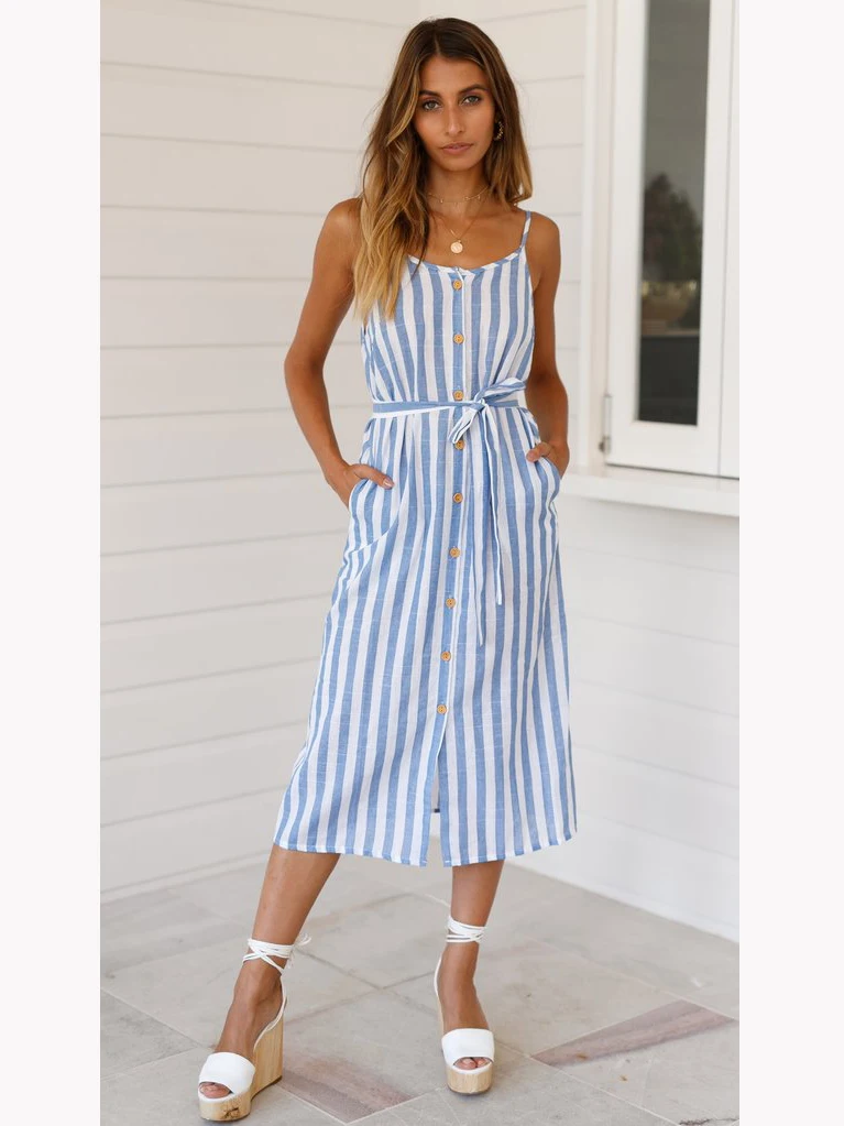 Женское платье рубашка синее Повседневное в полоску на пуговицах лето 2019|Женские