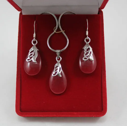 

wholesale lady's red silver plated waterdrop pendant & earring jewelry set s003