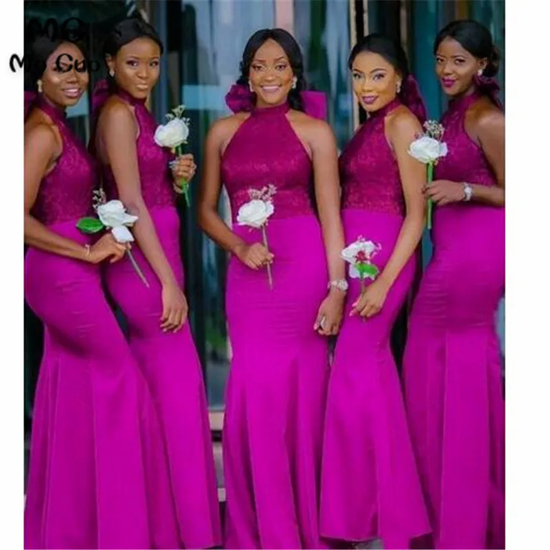 

2019 South African Wedding Party Dress Mermaid Bridesmaid Dress Elastic Satin Maid of Honor Long Halter Bridesmaid Dresses