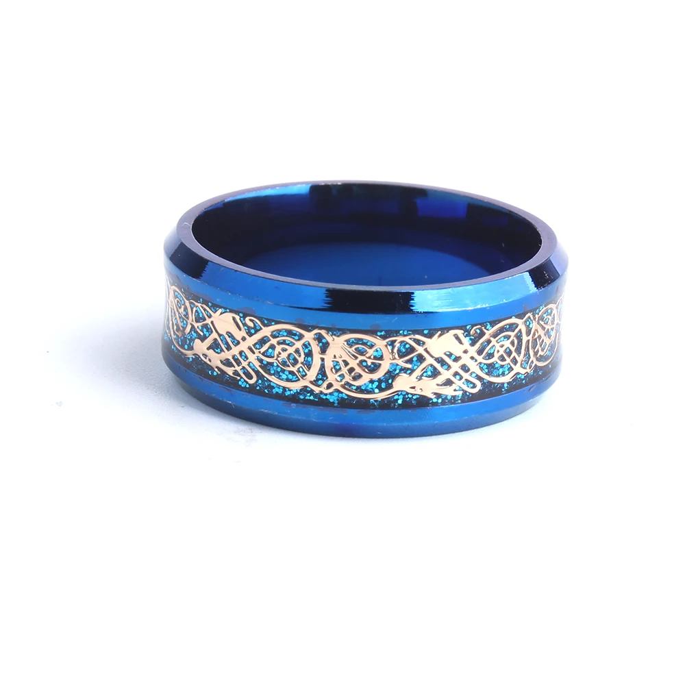 8 мм Синий углеродное волокно золотой дракон свадебные кольца для мужчин 316L из