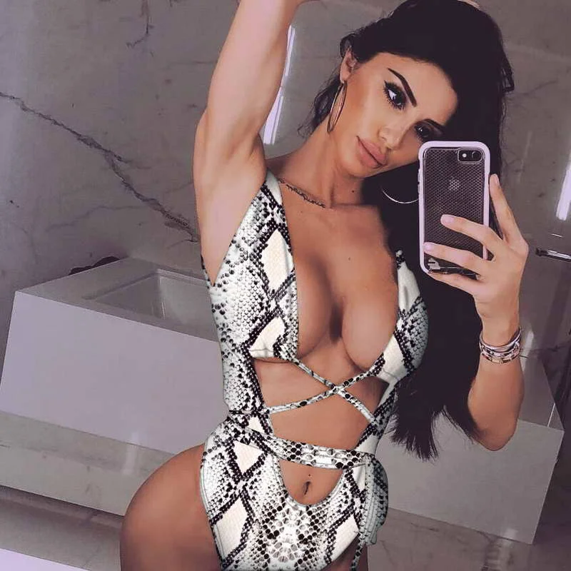 Сексуальное Бандажное бикини с глубоким вырезом и леопардовым принтом цельный