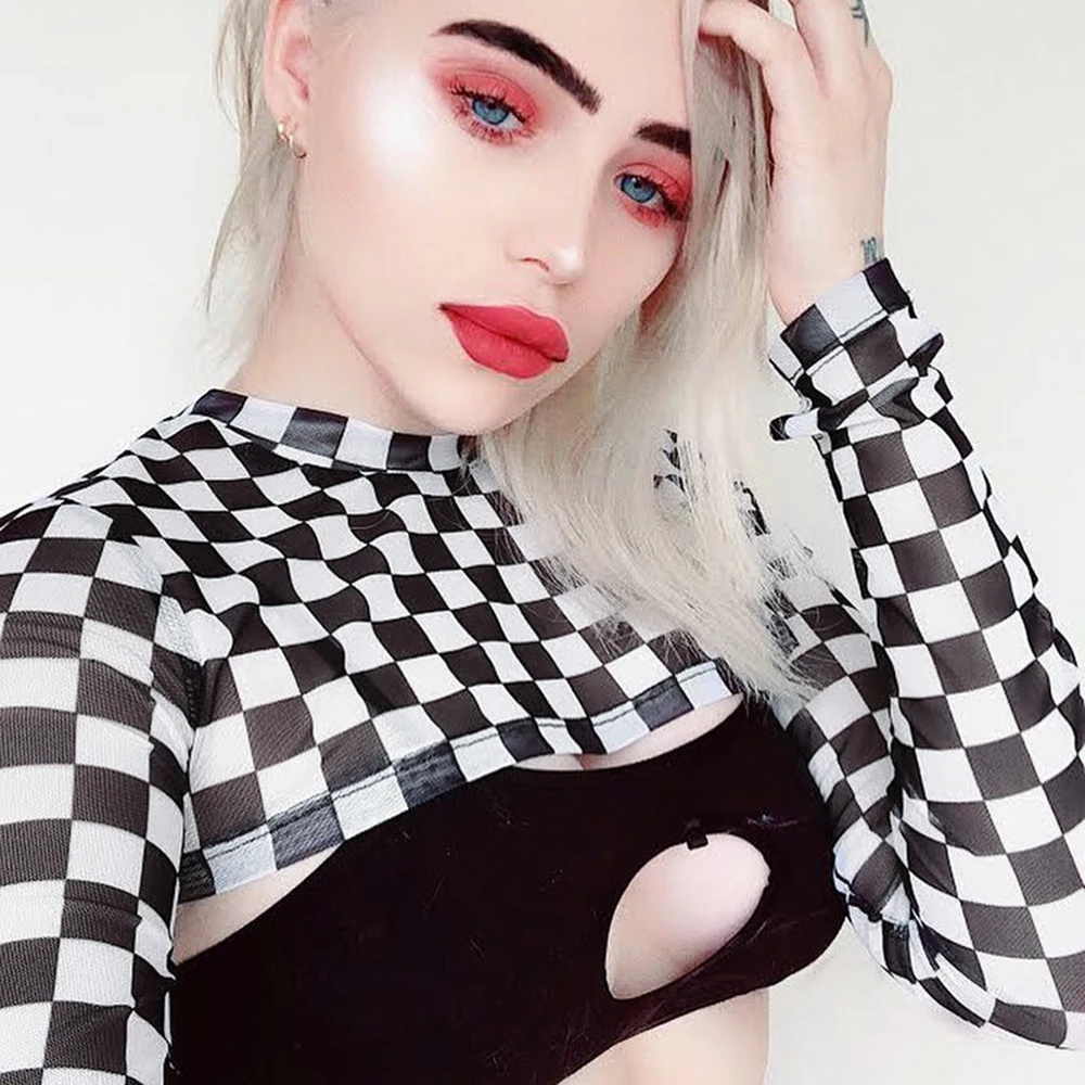 Женский прозрачный топ в черно белую клетку сетчатый с длинными рукавами клубная