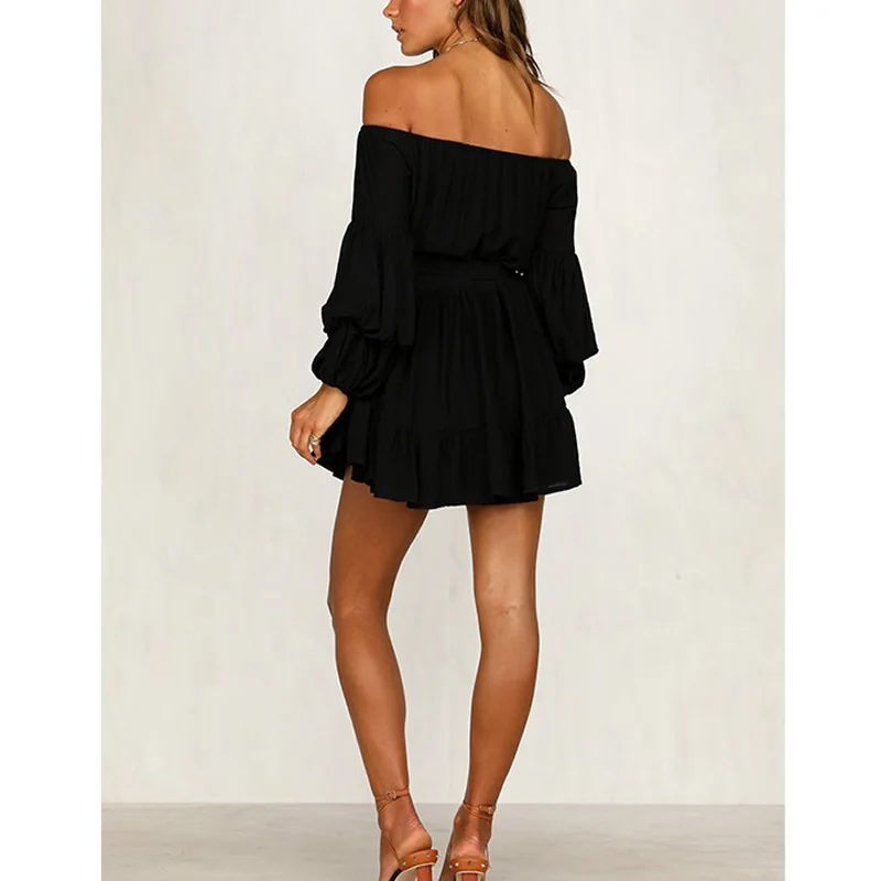 

2019 Fashion Women Mini Dress Polyester Flounce Slim Boat Neck One-Piece Dress Backless With Belt Off Shoulder Plain Dyed