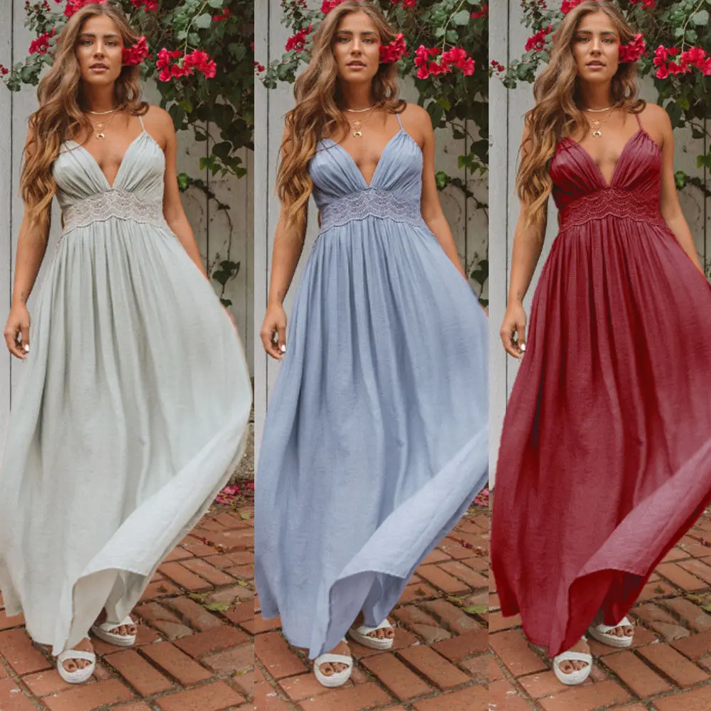 

2018 Women Summer Boho Long Maxi Dress Party Clubwear Beach Sundress Casual Loose Backless Spaghetti Strap Deep V-neck Dresses