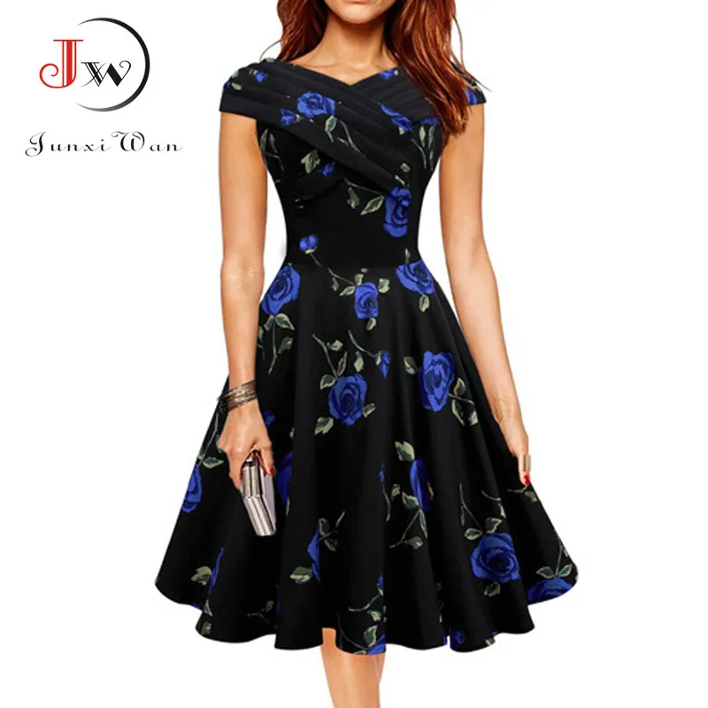 Женское винтажное платье ретро в стиле рокабилли белое с цветочным принтом