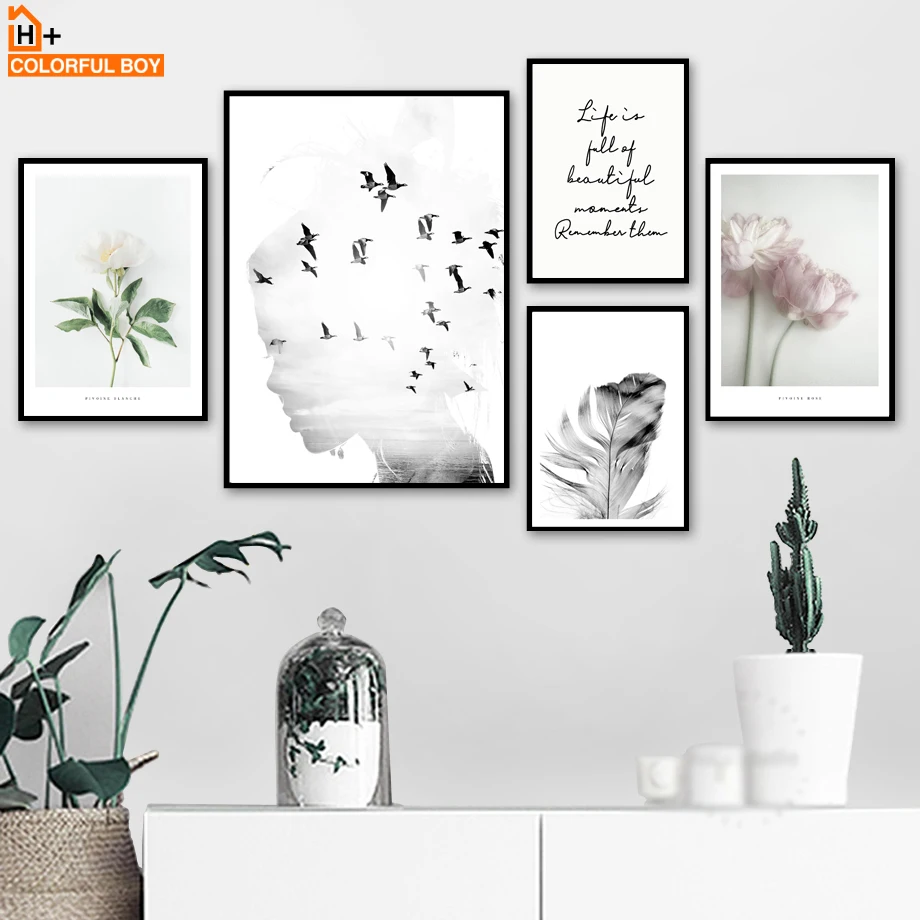 

Girl bird Flower Feather Quotes Landscape Wall Art Canvas Painting Nordic Posters And Prints Wall Pictures For Living Room Decor