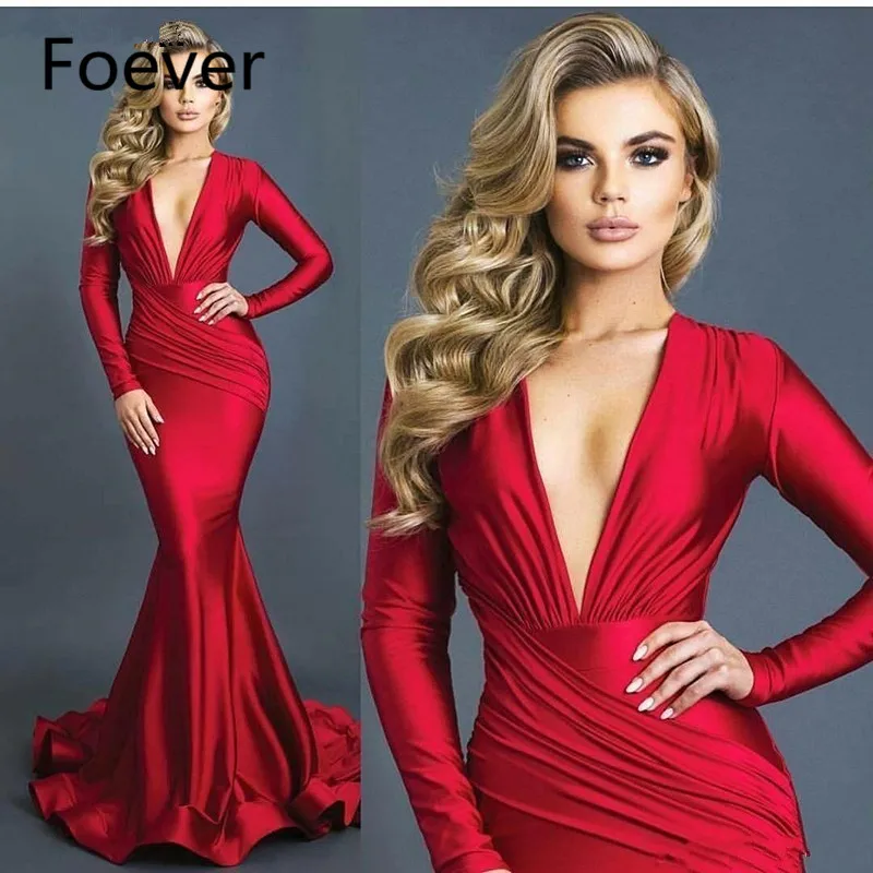 

2020 Sexy Red Elastic Silk Like Satin Deep V-neck Mermaid Red Evening Dresses Ruched Long Sleeves Formal Prom Dress Vestidos