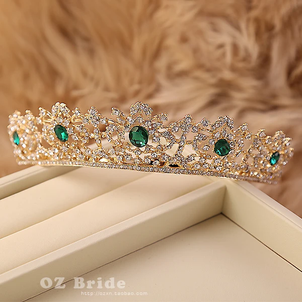 

New Flaw Green Rhinestone Golden Crown Bridal Tiara Female Headwear Wedding Hair Accessories