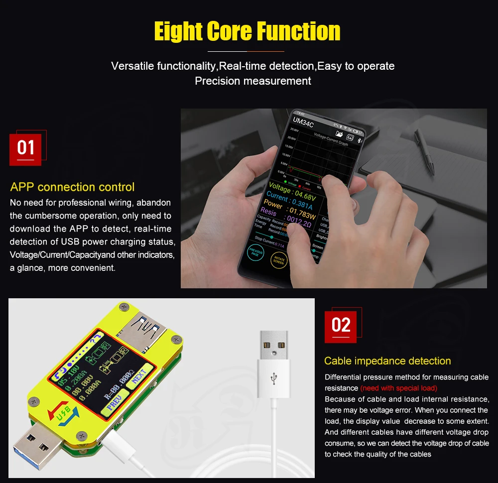 AT34 UM34/UM34C UM24/UM24C UM25/UM25C цветной ЖК-дисплей USB тестер напряжения измеритель тока Вольтметр USB Тестер