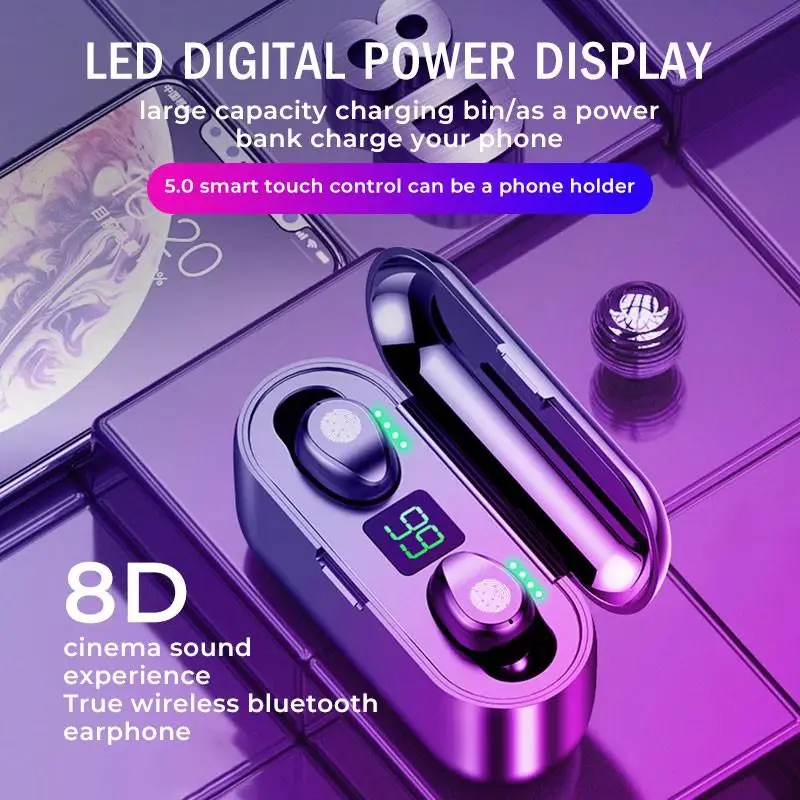 TWS-наушники F9 с поддержкой Bluetooth и зарядным футляром 2000 мАч | Электроника