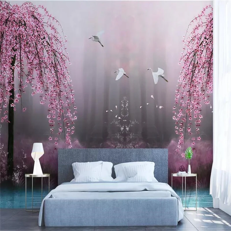 beibehang Beautiful dreamy pink cherry swan lake landscape TV background wall custom large mural green wallpaper papel de parede |