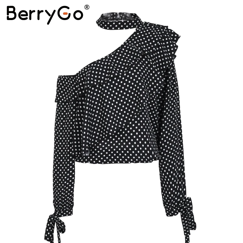 Женская блузка в горошек BerryGo шифоновая стиле ретро с оборками и рукавами