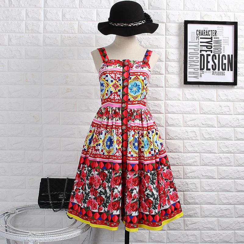 [Alphalmoda] Женская изящная роза печатных бальное платье Высокая талия однобортный