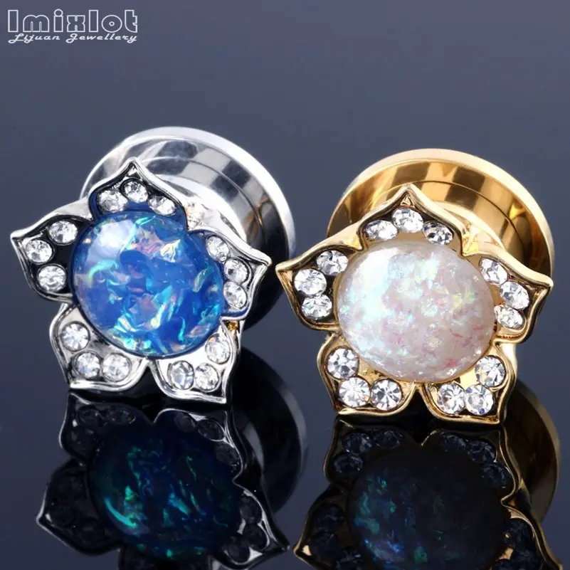 2 шт./лот нержавеющая сталь опал Rhinstone цветок заглушка для уха тоннель винт вилка