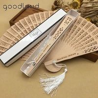 free shipping 50pcslot wholesale customized 20cm aromatic wood pocket folding hand fan carved wedding decor supplies