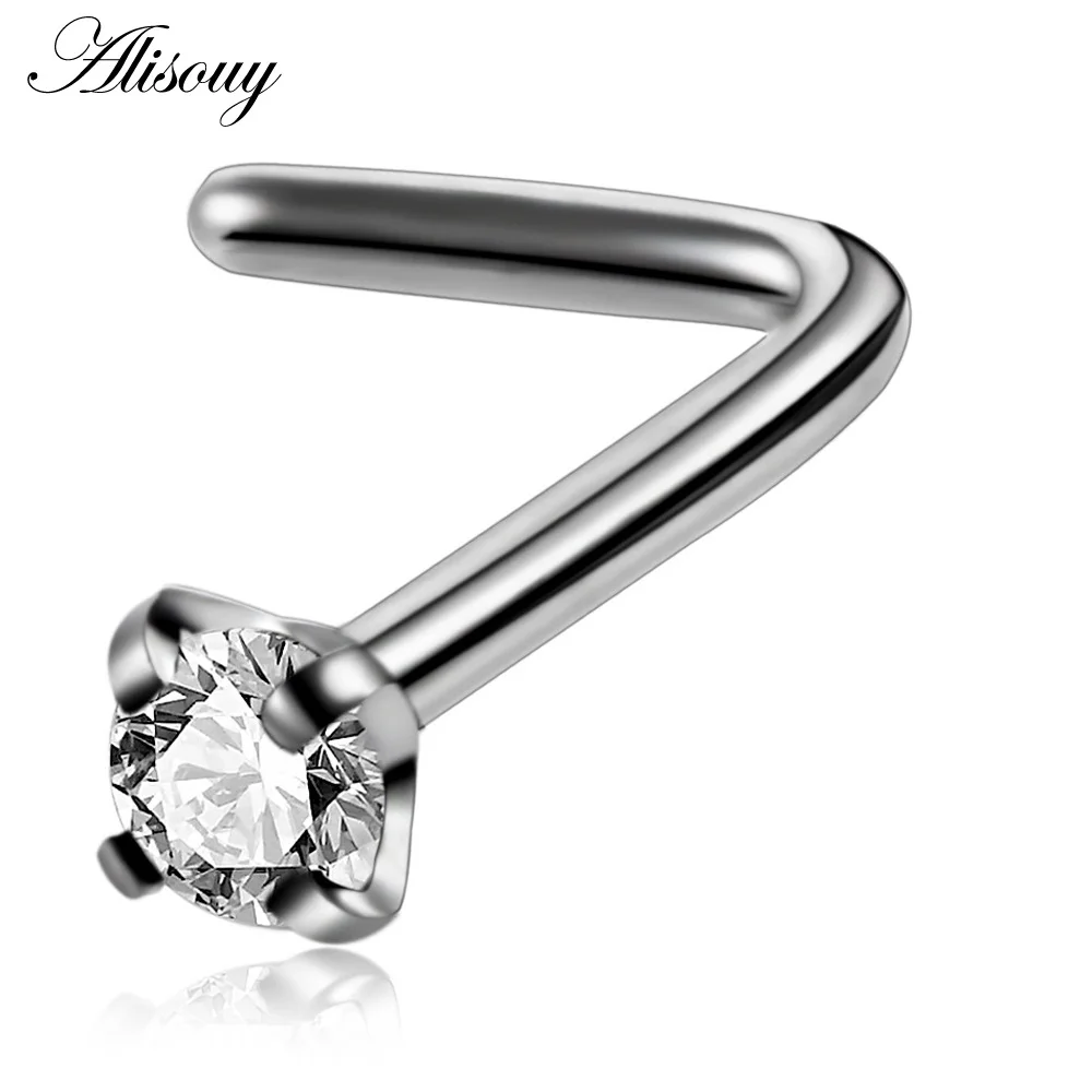 Silver Clear CZ Alisouy 20 г маленький нос шпильки для пирсинга L Форма Нос Кольца, титановые, стальные 316L циркониевый камень кубической формы, бижутерия для пирсинга, для Для женщин - Окраска металла: Silver Clear CZ