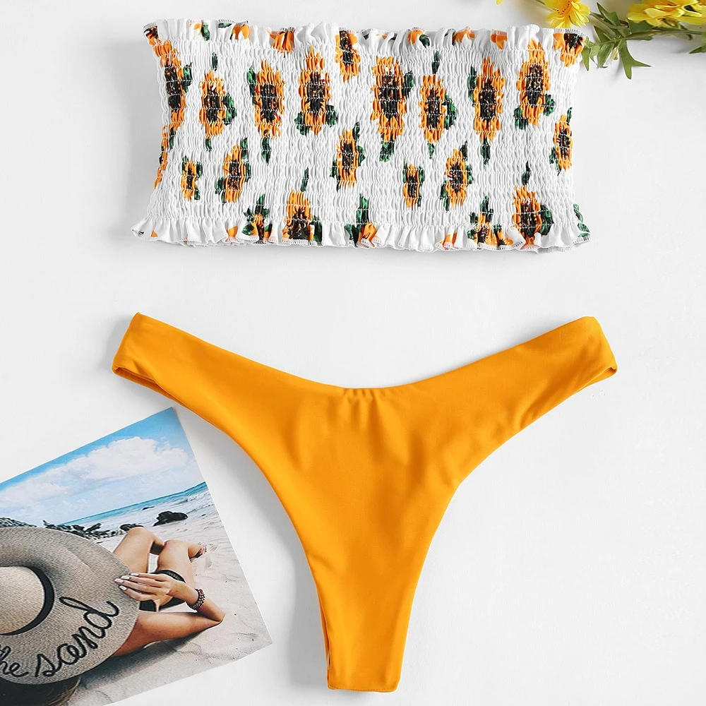2018 без бретелек Бикини с буфами комплект Shirred купальник подсолнухом Bandeau