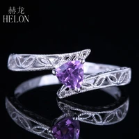 HELON Solid 10k White Gold Certified Trillion Cut 4.5mm Genuine Natural Amethyst Engagement Wedding Ring Women Vintage Jewelry