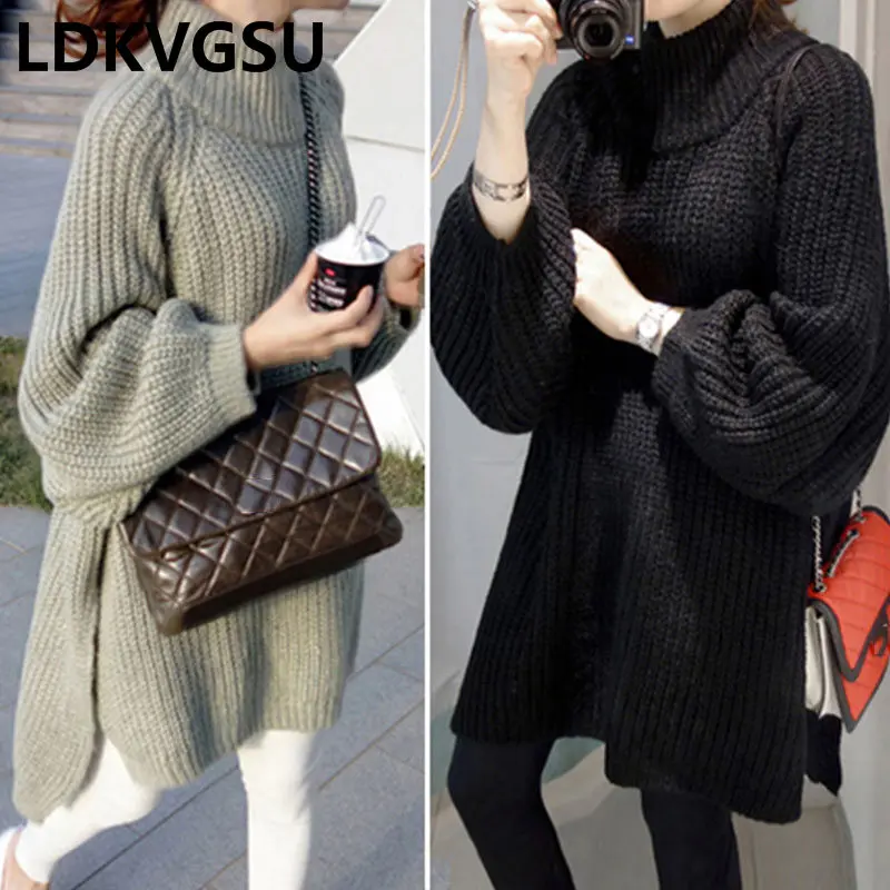 2018 Autumn Winter Turtleneck Batwing Sleeve Pullover Sweater Irregular Women Side Slit Leisure Loose Knit Dress Is969 | Женская одежда