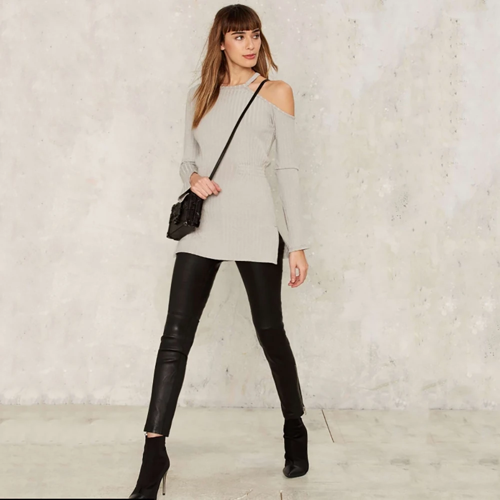 HYH HAOYIHUI Solid Gray Women Sweaters One Shoulder Long Sleeve Asymmetrical Crew Collar Casual Tops Side Split Slim | Женская одежда