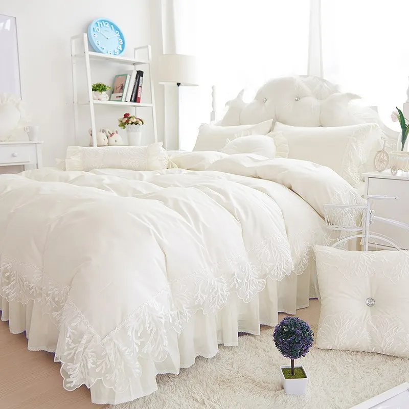 Beige Свадебные кружева покрывало принцесса постельного белья Королева king size 4/6 шт. со складками для девочек пуховое одеяло, покрывало на кровать, юбка постельное белье из хлопка - Цвет: Beige