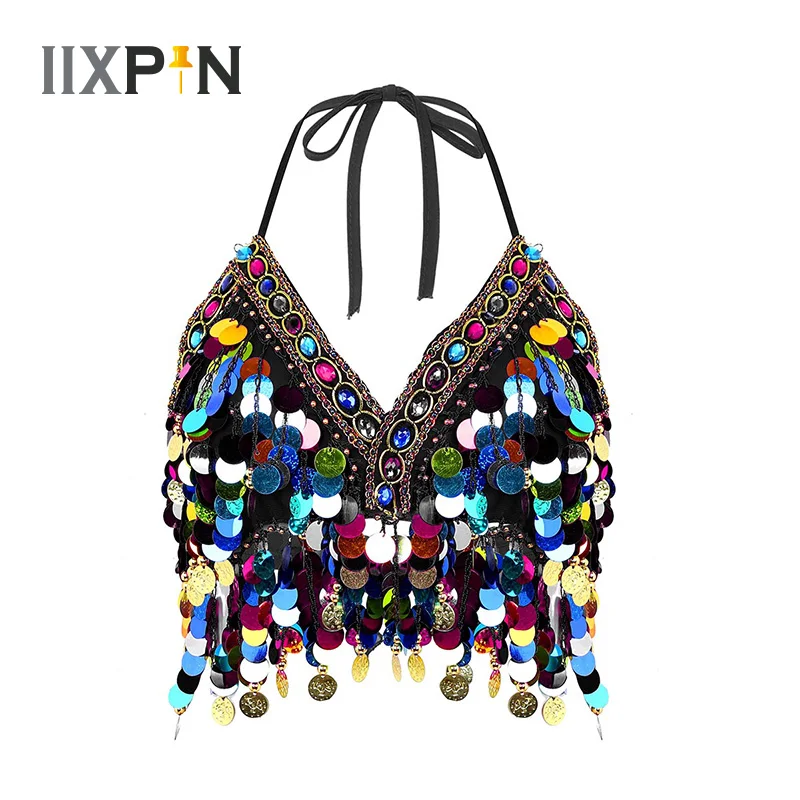 Женский укороченный топ для танца живота бюстгальтер с вышивкой бисером и