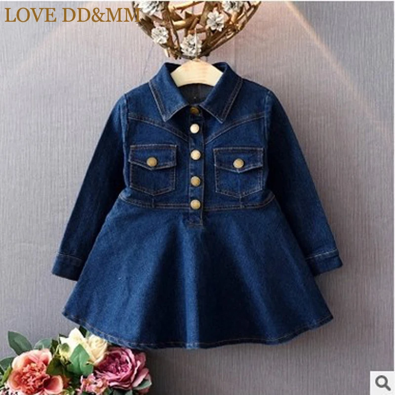 Платья для девочек с надписью LOVE DD& MM коллекция года, новая весенняя Детская Одежда модное однобортное джинсовое платье с длинными рукавами и отворотами для девочек
