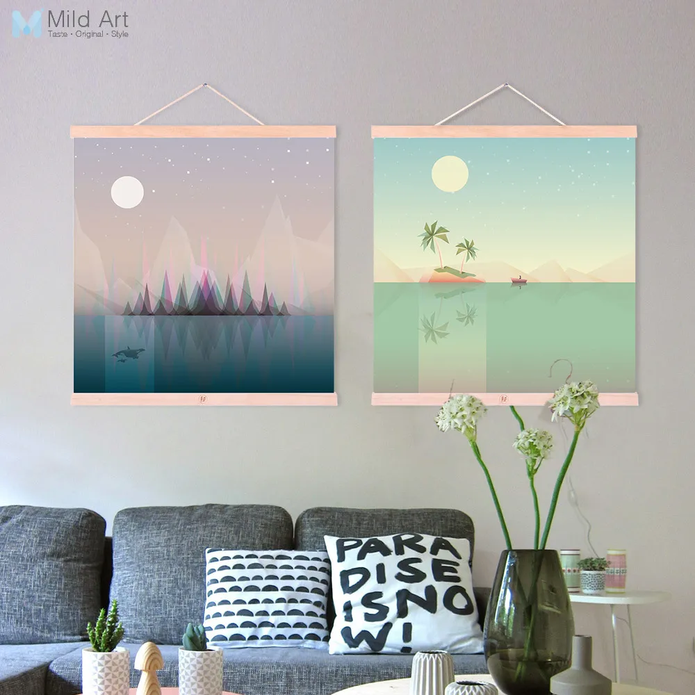 Абстрактный геометрический пейзаж озеро остров пустыня обрамленная холст