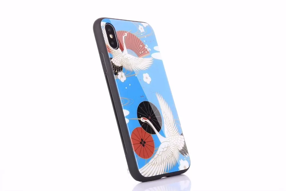 DuaGaiRen Japanese Style Crane Tempered Glass Back Case for iPhone 7 7plus 8 8plus 6s 6Plus X Phone |