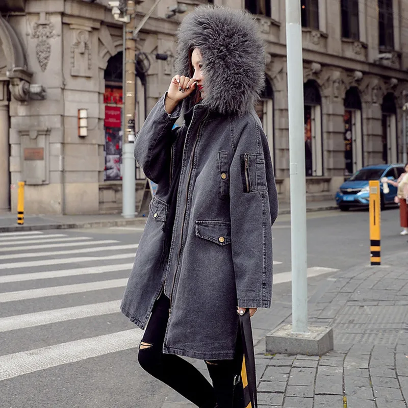 Women Denim Cotton Parkas Medium Long Hooded Fur Collar Lambswool Jacket 2021 Winter New Large Size Fashion Outwear JIA389 | Женская