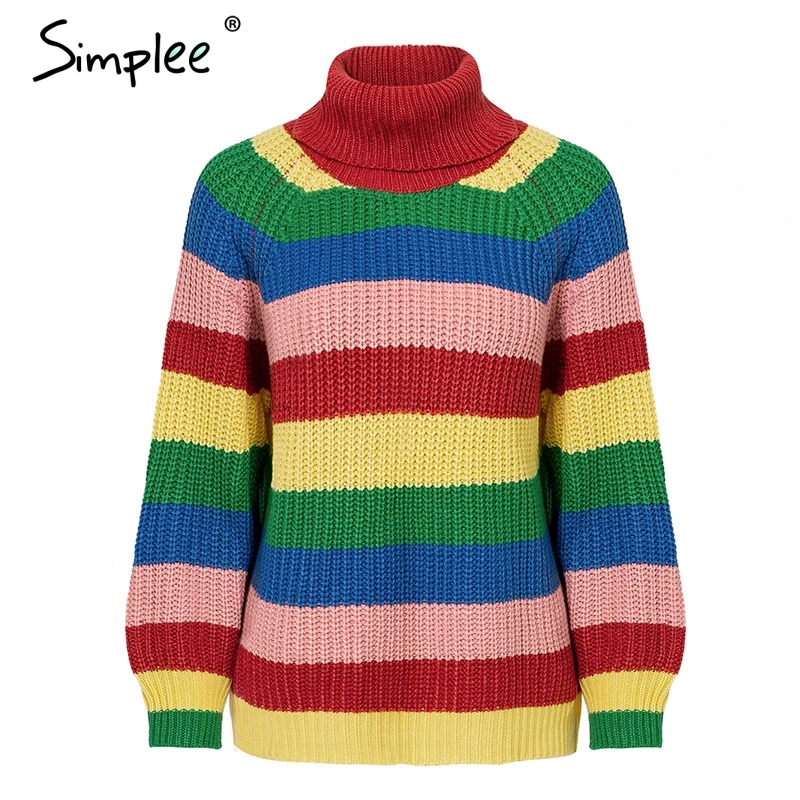 Simplee Rainbow turtleneck casual sweaters women winter 2018 jumpers knitted fashion striped oversized pullover female jumper | Женская