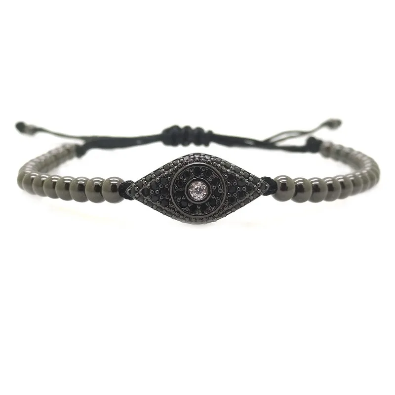 Fashion Black Gun Men Bracelet Pave Setting CZ Evil Eye Connector Beads &amp 4mm Round Bead Braided Macrame | Украшения и