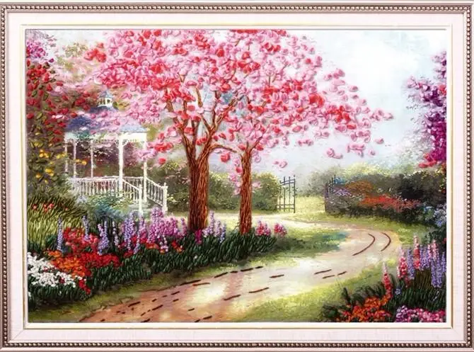 DIY 3D Ribbon Embroidery cross stitch kits sets simple handmade needlework/pink romantic sakura cherry flower picture paintings | Дом и сад